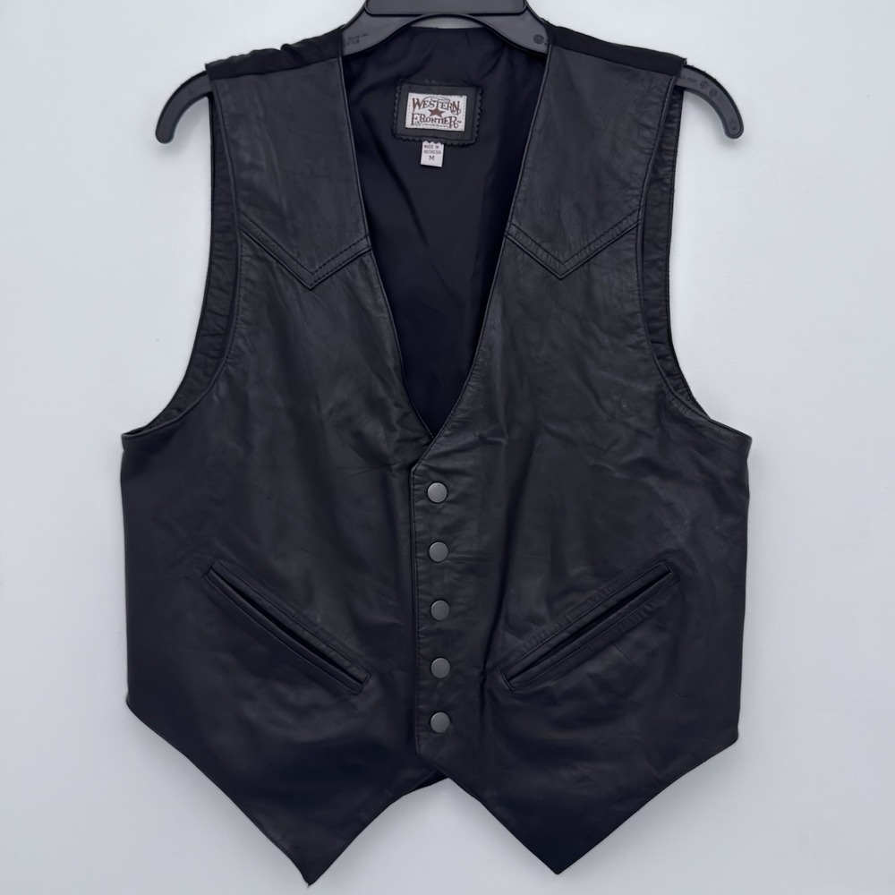 WESTERN FRONTIER Vest Mens M Black Leather Vest Redeo Cowboy Biker Trucker